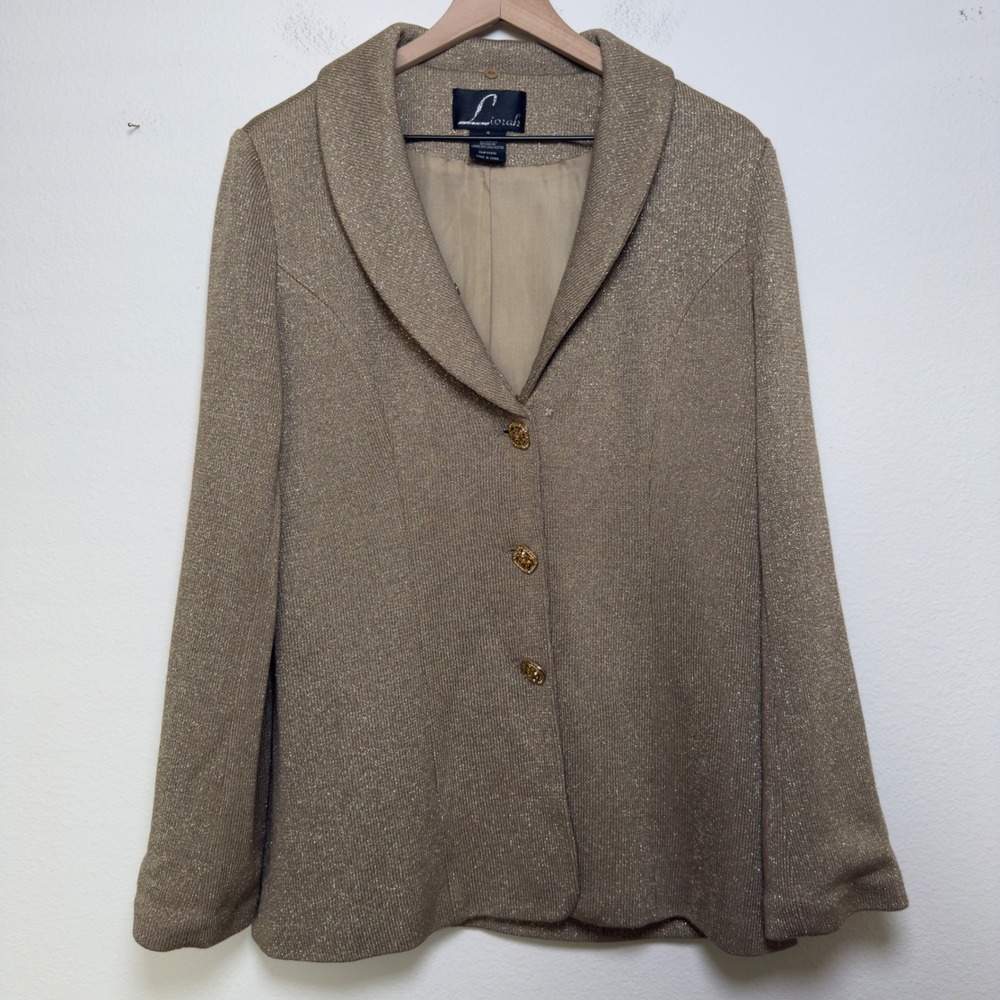Liorah Women‎ Knit Blazer Jacket 16 Gold Metallic Wool Shimmer Evening Old Money